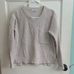Cream Ribbed Knit Sweater with Pocket